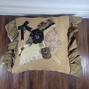 Handmade Burlap Shabby French Rustic Chic Pillow Steampunk inspired metal accent